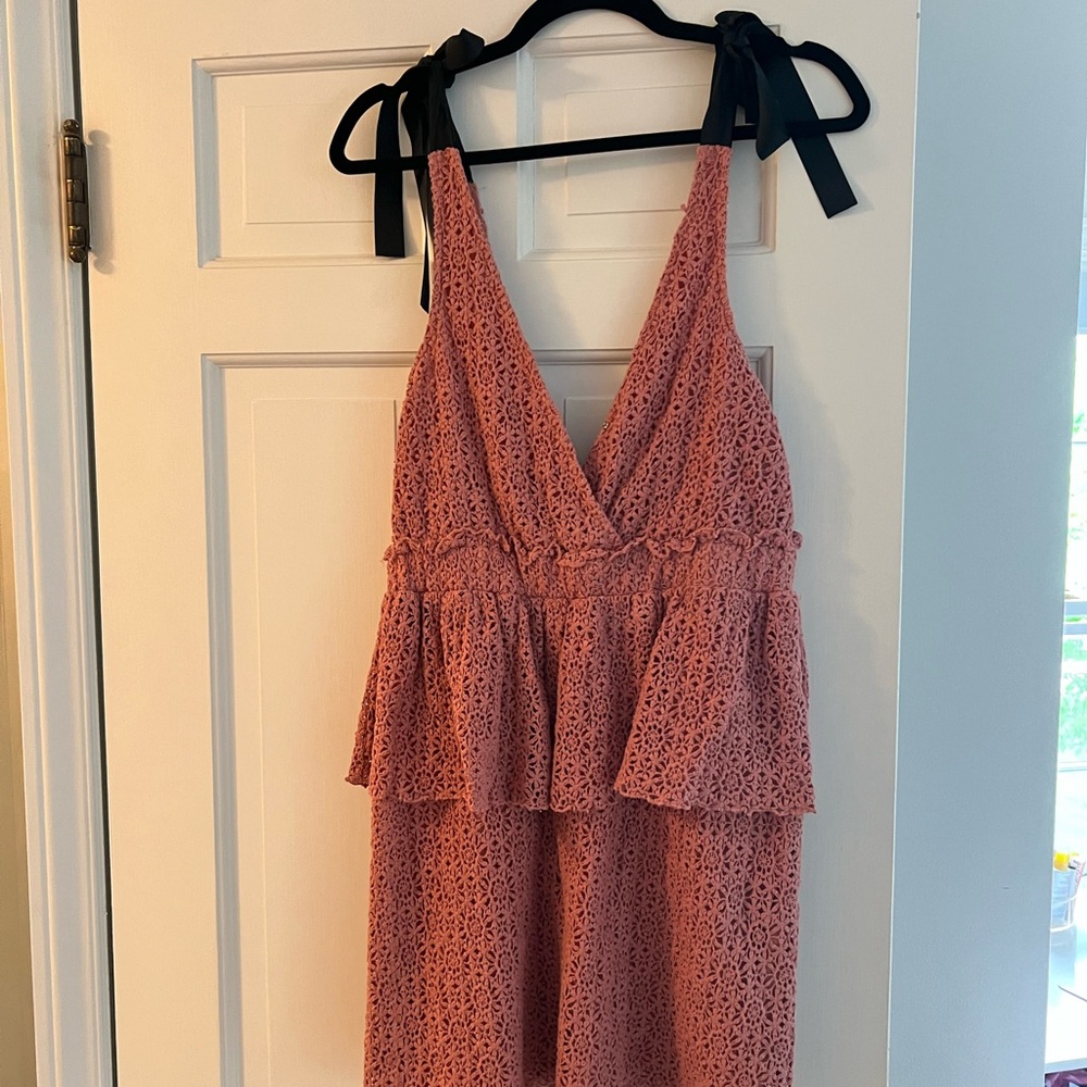 Pink eyelet mini dress with black shoulder ties